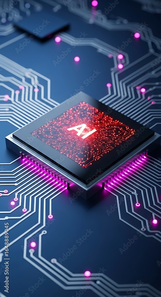 Poster futuristic ai processor chip glows, representing artificial intelligence and digital innovation for 