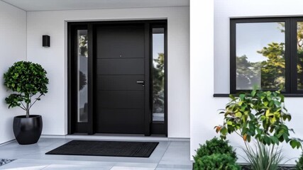 Modern House Entrance with Black Door Flanked by Glass White Walls Minimalist Geometric Design and Potted Plant on Tiled Porch with Stone Gravel