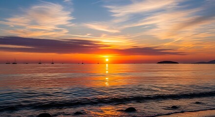 Obraz premium Magnificent seascape panorama capturing the radiant sunset over a tranquil ocean horizon