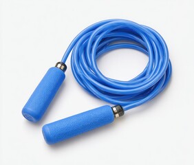 Bright blue jump rope coiled,  handles visible