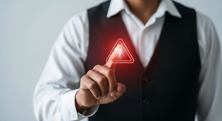 Man Taps Glowing Red Warning Sign Risk Assessment and Caution Concept