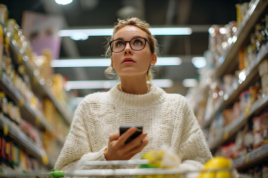 Curious young woman wearing eyeglasses in a supermarket, looking up at the shelves with a thoughtful expression while holding her mobile phone.