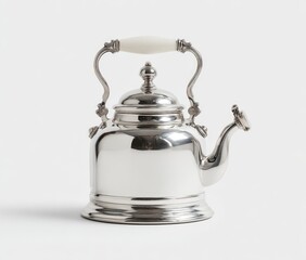 Polished, shiny, silver-toned kettle with off-white handle