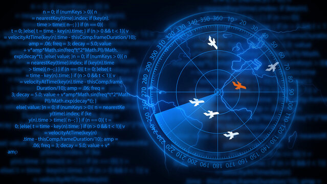 Blue radar screen with code and aircraft on world map