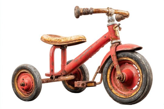 Rusty red tricycle with faded tan seat