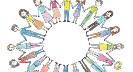 Diverse group of people holding hands in a circle, representing unity and community connection