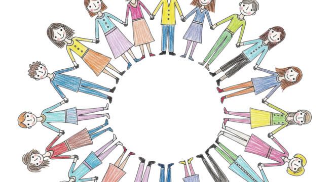 Diverse group of people holding hands in a circle, representing unity and community connection