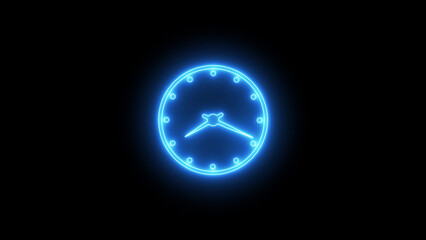 Bright Blue Neon Clock on Dark Background time glowing
