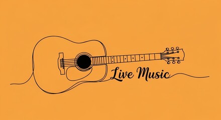 Acoustic guitar continuous one line drawing with Live Music text. Minimalist musical instrument vector illustration for concert or festival poster.