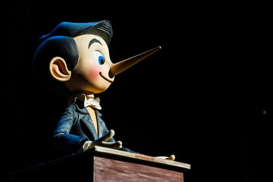 Pinocchio at the political podium, the concept of lies and populism, copyspace