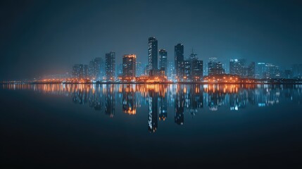 Fototapeta premium Night city skyline reflected in calm water