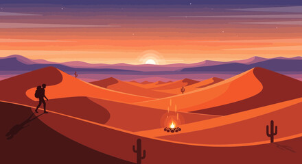 Adventurer Walking Through Desert Landscape Under A Fiery Sky At Sunset