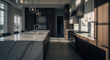 Fototapeta premium Sun-drenched modern kitchen with large island