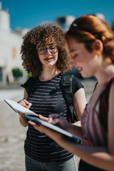Students discuss and compare notes outdoors on a bright sunny day, focusing on their work.