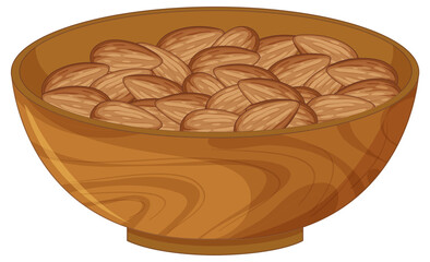 Realistic vector illustration of whole almonds in a round wooden bowl, using warm earthy tones and clean, detailed linework for a natural look