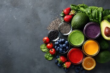 Assortment of Fresh Fruits Vegetables and Smoothies on Dark Surface healthy eating superfoods