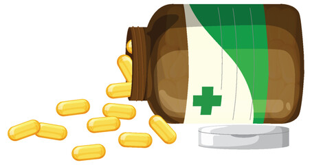 Brown Medicine Bottle With Yellow Capsules Spilling Out