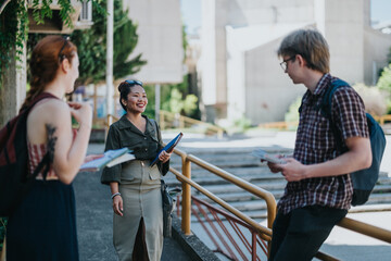 A professor in stylish attire engages with students in an outdoor campus environment, fostering...