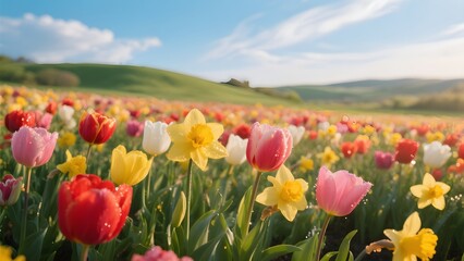 Obraz premium 화려한봄꽃밭의튤립과수선화풍경
