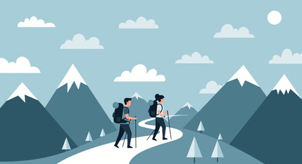 Obraz premium Adventurous Couple Trekking Through Serene Mountain Landscape on Vacation Trip