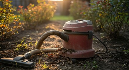 Unconventional cleaning approach vacuum cleaner abandoned in the garden amidst nature setting