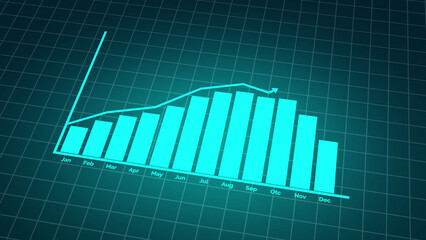 Cyan bar chart with line graph showing upward trend