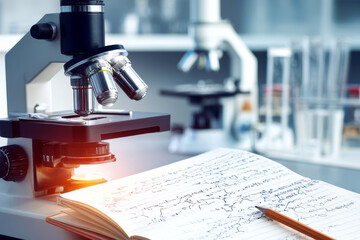 Close up of laboratory microscope near open notebook with handwritten notes. Concept of scientific research, laboratory work and education in biology or chemistry