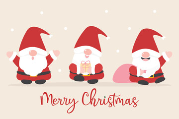 Merry Christmas and Happy New year. Cute gnome wearing santa claus dress concepts happy holiday, Christmas present for poster, banner, christmas decoration card flat vector illustration.