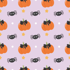 Happy halloween seamless pattern. Hello october concept. Cute pumpkin with black coquette bow and spider for spooky night, fabric vector flat illustration.