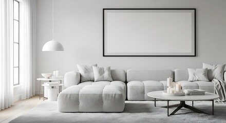 Fototapeta premium Modern Minimalist Living Room Interior Design with Large Blank Frame