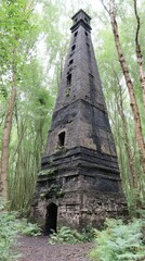 Dark, tall, stone tower in forest