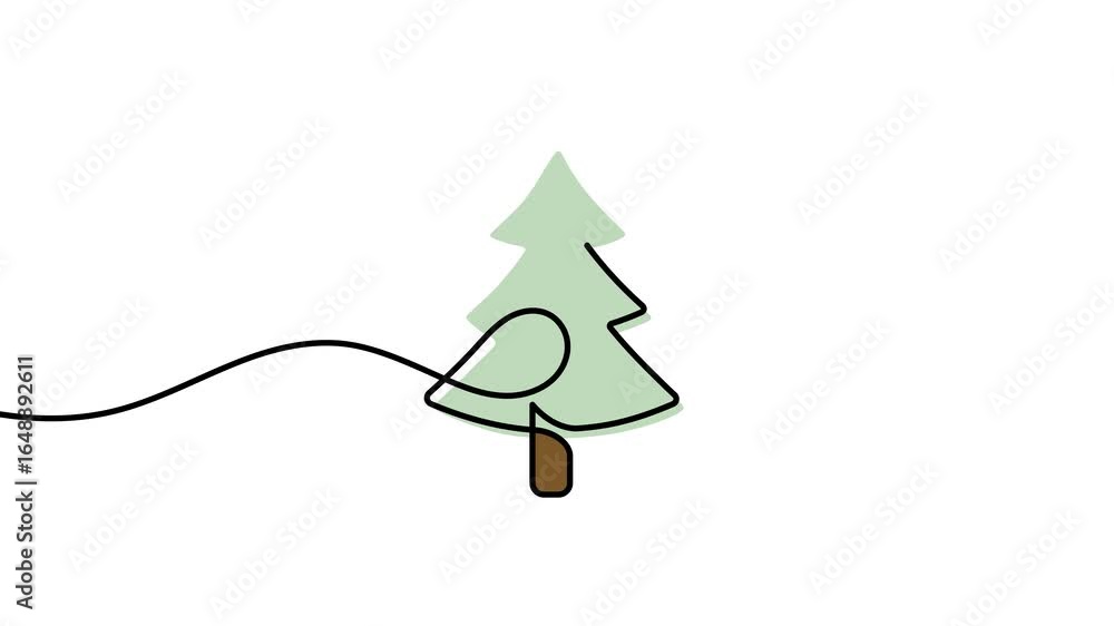 Poster animation of a single line drawing of a christmas tree, which is colored. continuous contour movemen