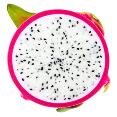 Exotic Dragon Fruit Section Isolated On White Background: A macro shot of a vividly colored dragon fruit slice reveals its inner beauty, a symbol of health and the essence of tropical indulgence.
