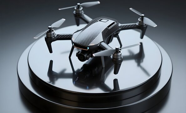 Hyperrealistic product render of a quadcopter drone on a glossy black pedestal, soft top-down lighting, reflections on carbon fiber body, ultra-high resolution detail.