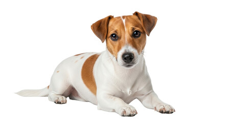 Isolated Jack Russell Terrier puppy lying down, white background