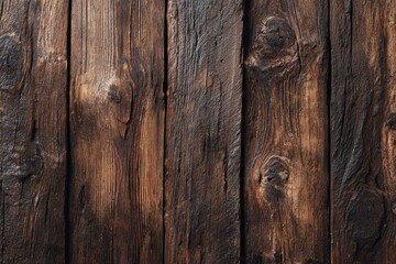 Fototapeta premium Aged, dark brown wood planks, vertical grain. Close-up texture