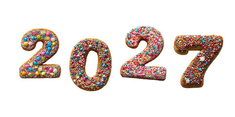 Numbers 2027. png cookie numbers with cream and cholate art alphabet, transparent background