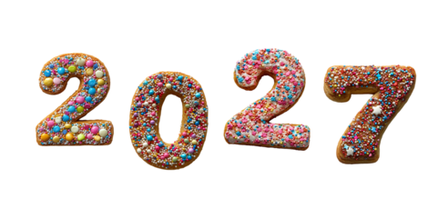Numbers 2027. png cookie numbers with cream and cholate art alphabet, transparent background