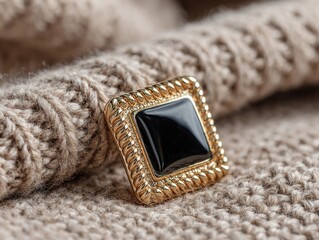 Fototapeta premium Gold-toned square brooch with black stone on beige knit