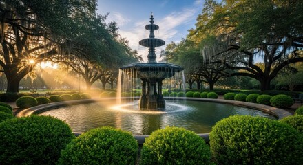 Sunrise illuminates a fountain in a park. Lush green shrubbery surrounds a round water feature, with an ornate metal fountain in the center