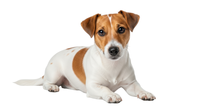 Isolated Jack Russell Terrier puppy lying down, white background