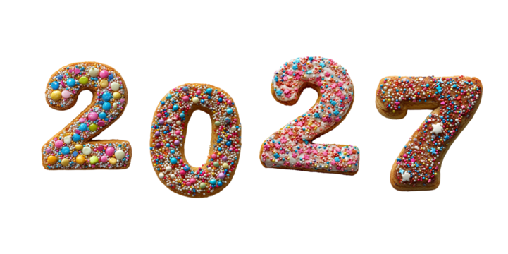 Numbers 2027. png cookie numbers with cream and cholate art alphabet, transparent background