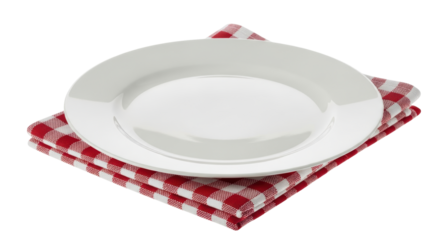 Isolated Empty White Plate on Red Checkered Napkin