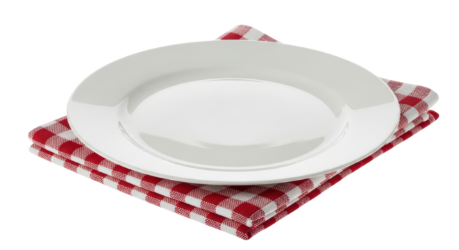 Isolated Empty White Plate on Red Checkered Napkin