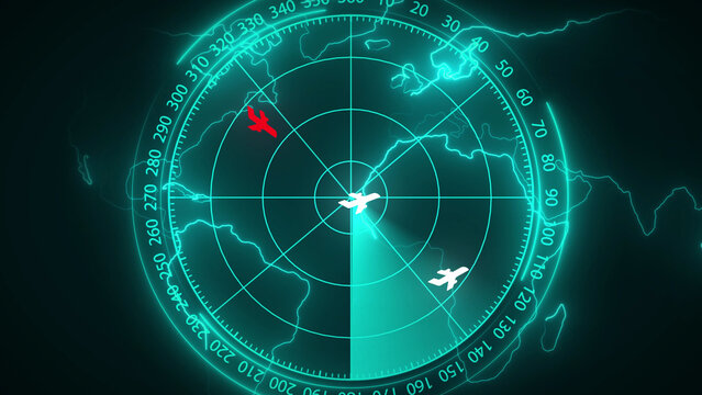 Cyan radar screen with airplanes and lightning effects