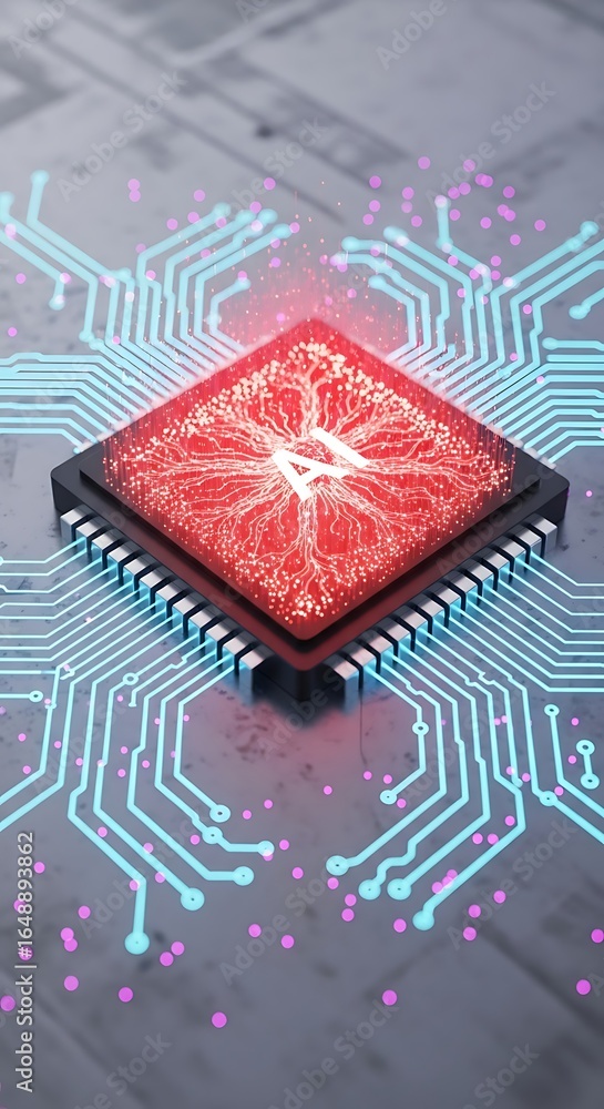 Poster dynamic ai processor with glowing red core and circuit board design for technology innovation projec