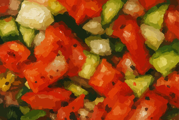 A salad composition created with oil paint. Vegetables such as tomatoes, cucumbers, and onions are textured with vibrant red and green and brush strokes. A delicious and energetic piece of visual art