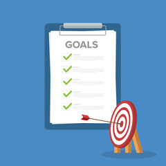 Goals list with checklist and arrow hitting the center of a target, business achievement concept