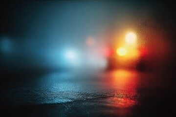 Foggy night scene with car lights