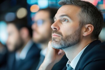 Fototapeta premium group of traders at brokerage firm watching live stock market data on monitors